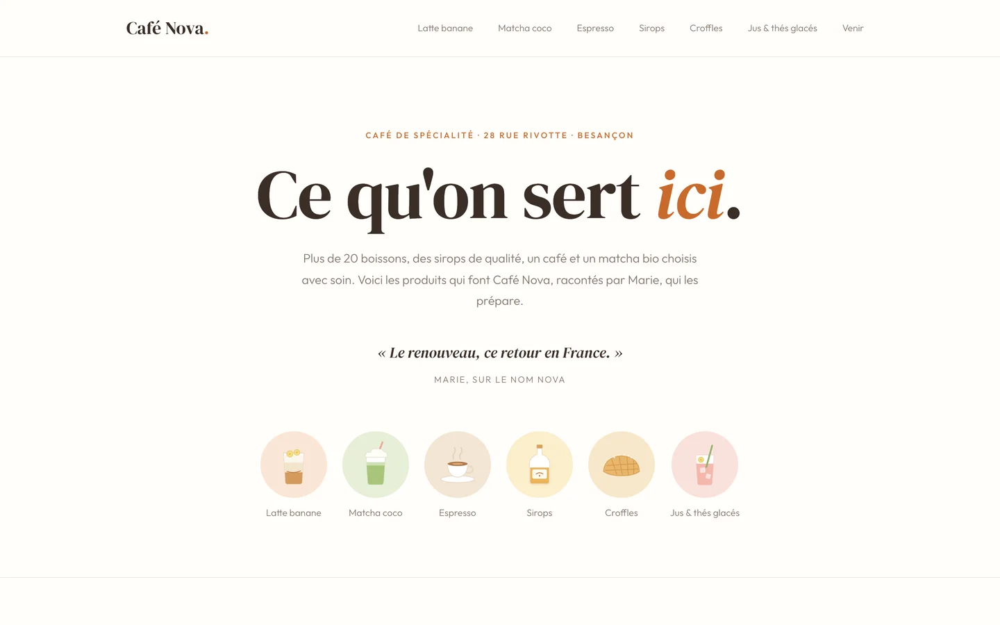 Café Nova, accueil : « Ce qu'on sert ici. » et les six produits illustrés