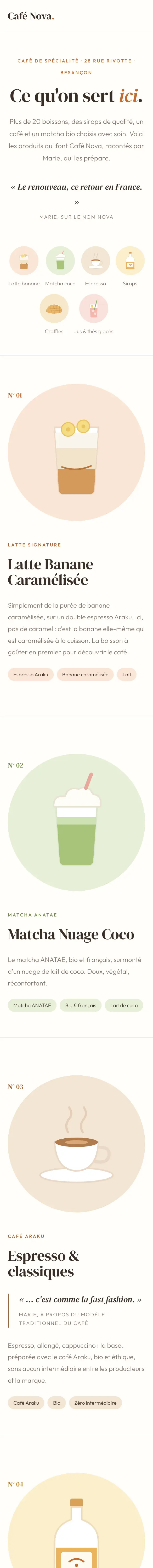 Café Nova sur téléphone, page complète